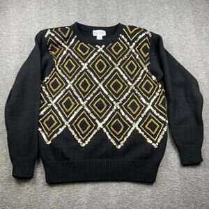 Alfred Dunner Black Sweater Gold Sequined Geometric‎ Design Size Small